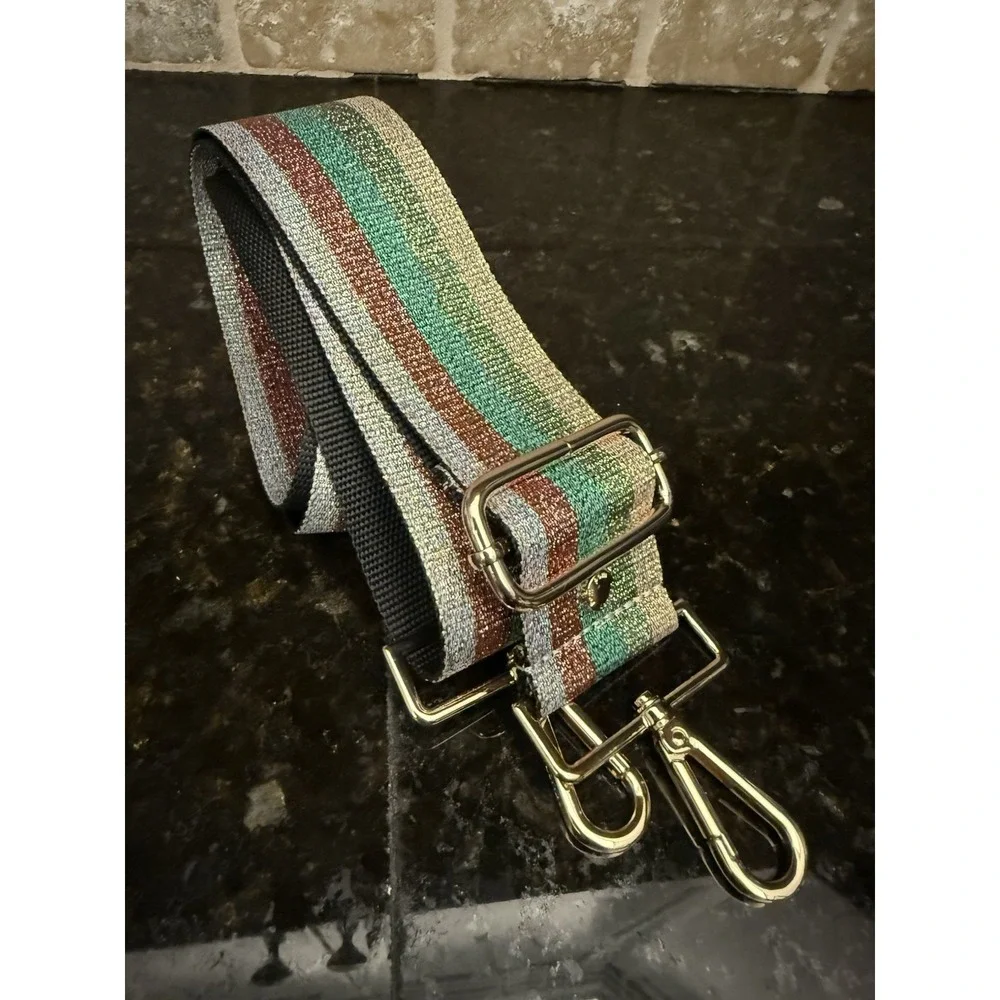 Authentic Pom Pom London Bag Purse Strap Brown Tan Green Gold Metallic‎ Stripe